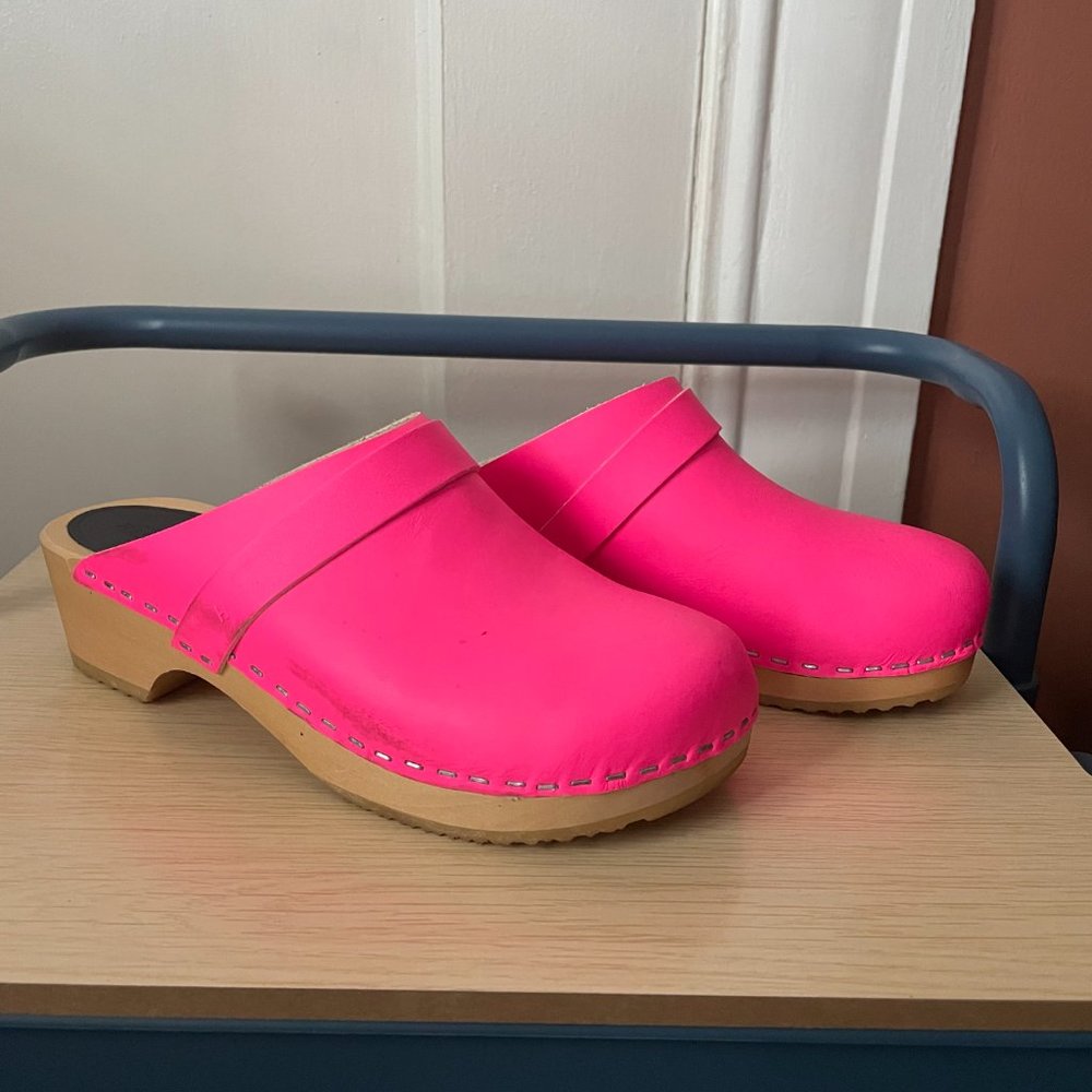Neon Pink Swedish Hasbeens Husband Clogs